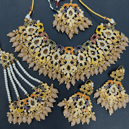 Asian Bridal Gold & Peach Kundan Necklace Jewellery Set