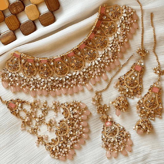 Asian Bridal Gold & Pink Kundan Necklace Jewellery Set