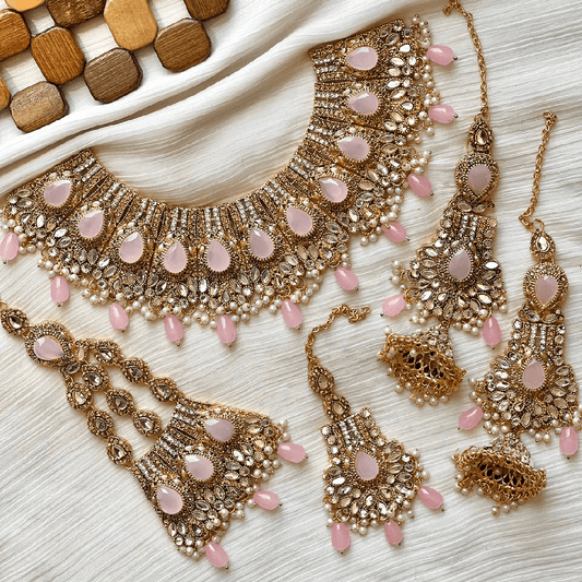 Asian Bridal Gold & Pink Kundan Necklace Jewellery Set