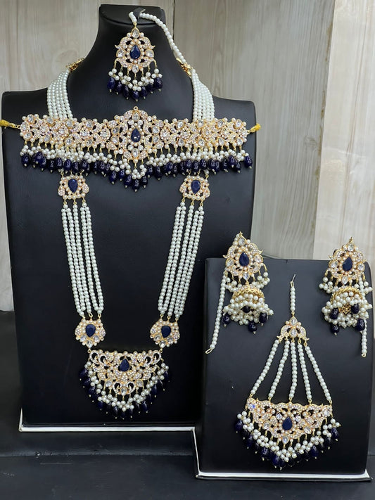 Gold & Royal Blue Choker Necklace Jewellery Set with Mala