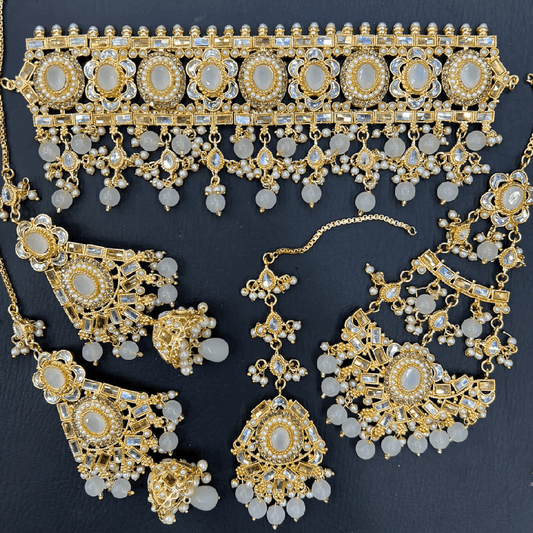 Asian Bridal Gold & White Kundan Choker Necklace Jewellery Set