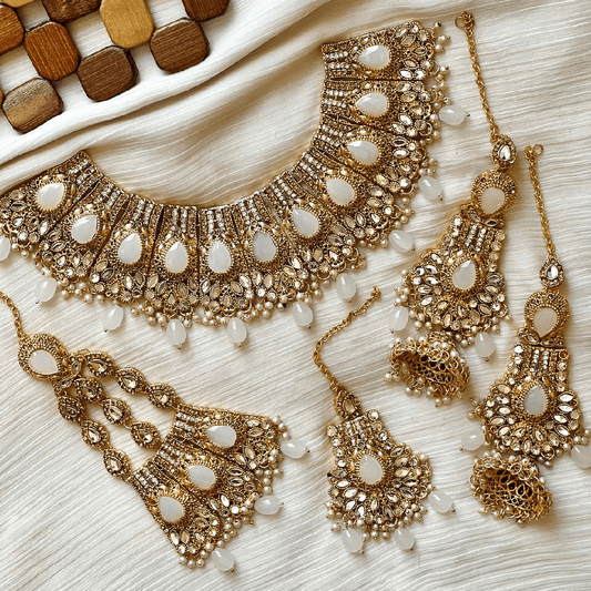 Asian Bridal Gold & White Kundan Necklace Jewellery Set