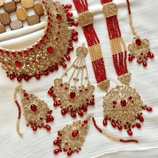 Asian Bridal Kundan Gold Plated Red Pearls Necklace with Mala Passa Earrings & Tikka Jewellery Set