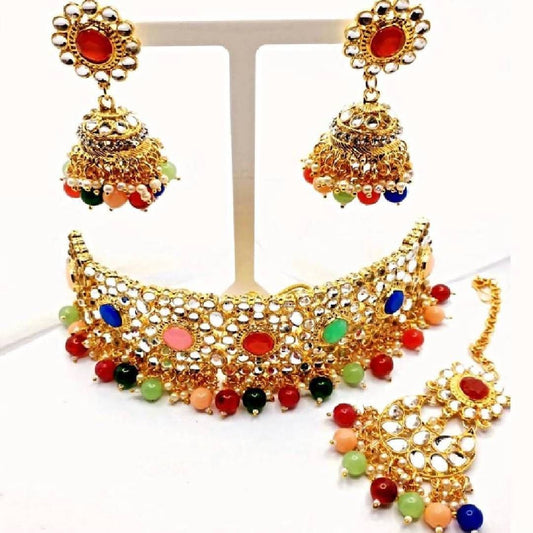 Asian Bridal Multicoloured Choker Kundan Necklace KJewellery Set