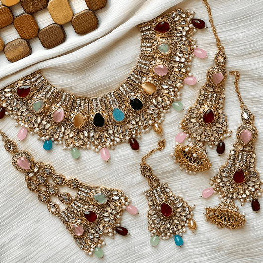 Asian Bridal Multicoloured Kundan Necklace Jewellery Set