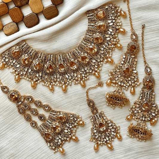 Asian Bridal Peach & Gold Kundan Necklace Jewellery Set