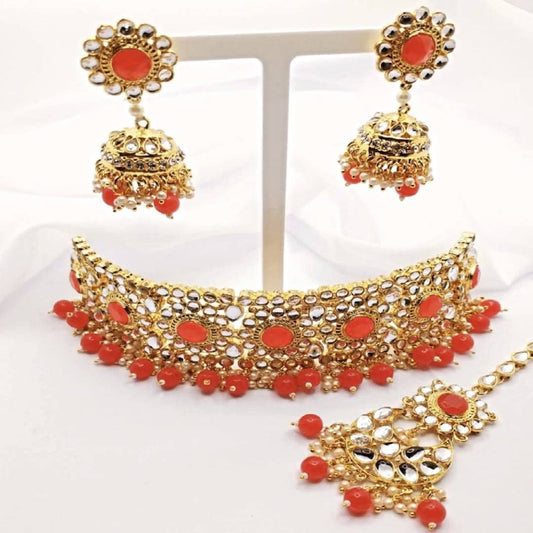 Asian Bridal Red & Gold Choker Kundan Necklace Jewellery Set