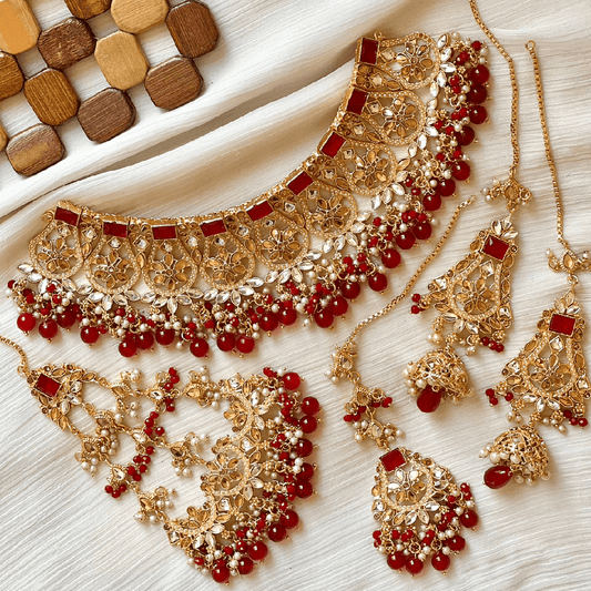 Asian Bridal Red & Gold Kundan Necklace Jewellery Set