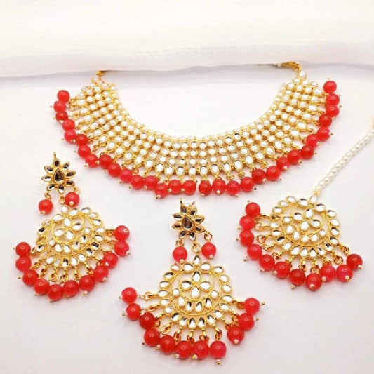 Asian Bridal Red & Gold Kundan Necklace Jewellery Set