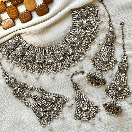 Asian Bridal Silver Kundan Necklace Jewellery Set