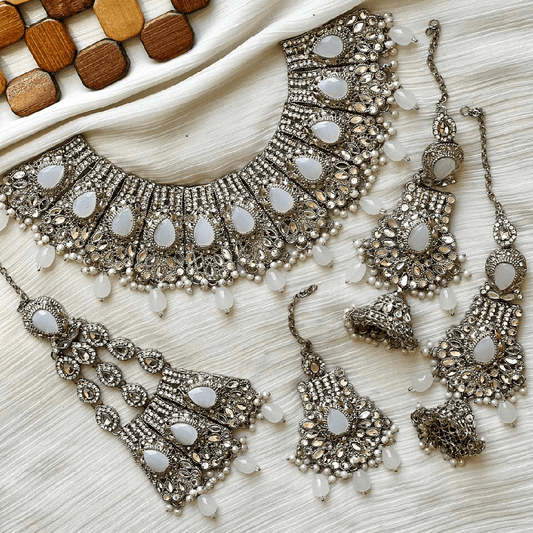 Asian Bridal Silver & White Kundan Necklace Jewellery Set