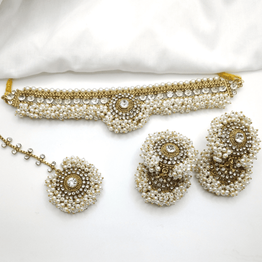 Asian Bridal White & Gold Choker Necklace Kundan Jewellery Set