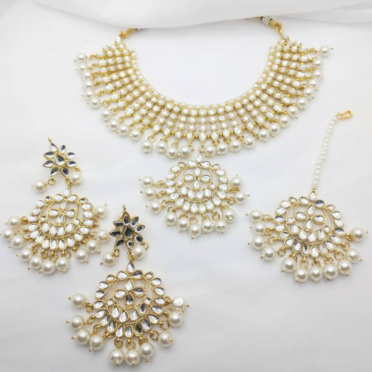 Asian Bridal White & Gold Kundan Necklace Jewellery Set