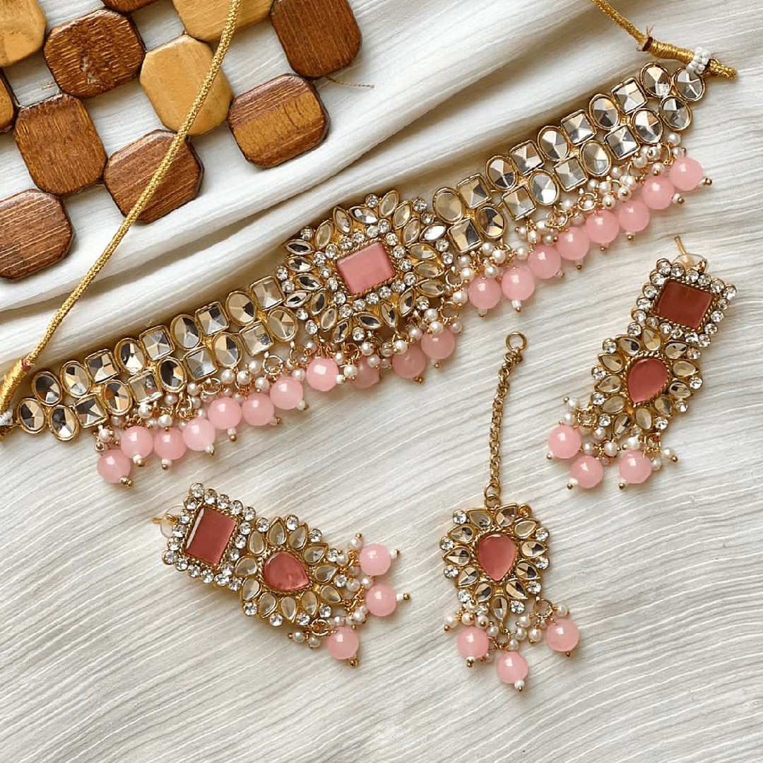 Baby Pink & Gold Kundan Choker Necklace Jewellery Set