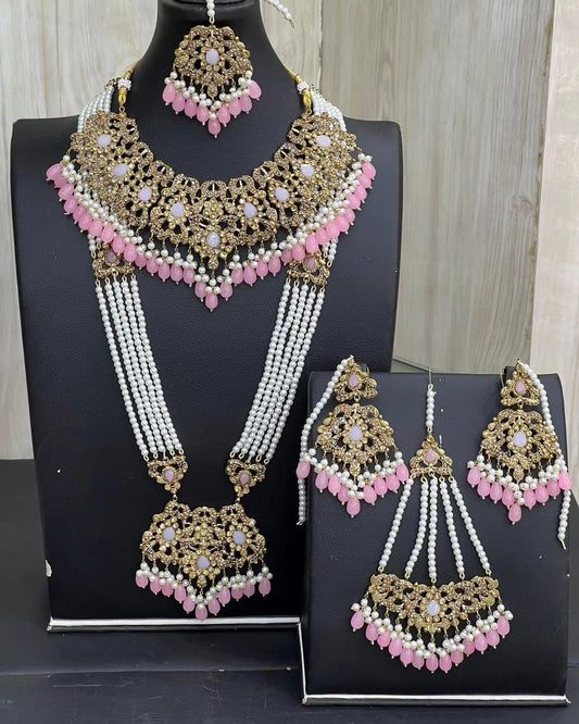 Baby Pink & Gold Kundan Necklace Jewellery Set with Mala