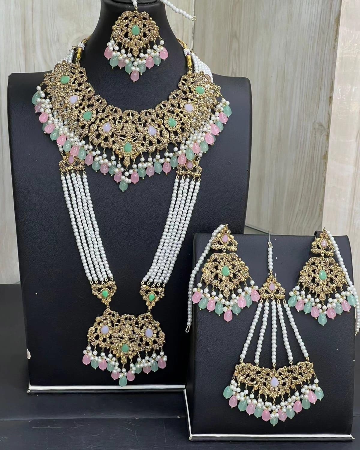 Baby Pink & Mint Green Kundan Necklace Jewellery Set with Mala