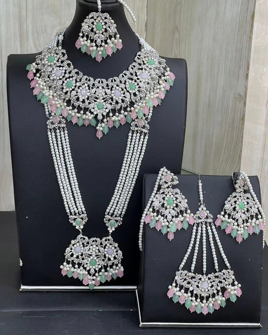 Baby Pink & Mint Green Kundan Necklace Jewellery Set with Mala