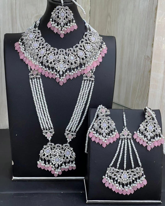 Baby Pink & Silver Kundan Necklace Jewellery Set with Mala