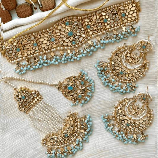 Gold & Baby Blue Kundan Choker Necklace Jewellery Set