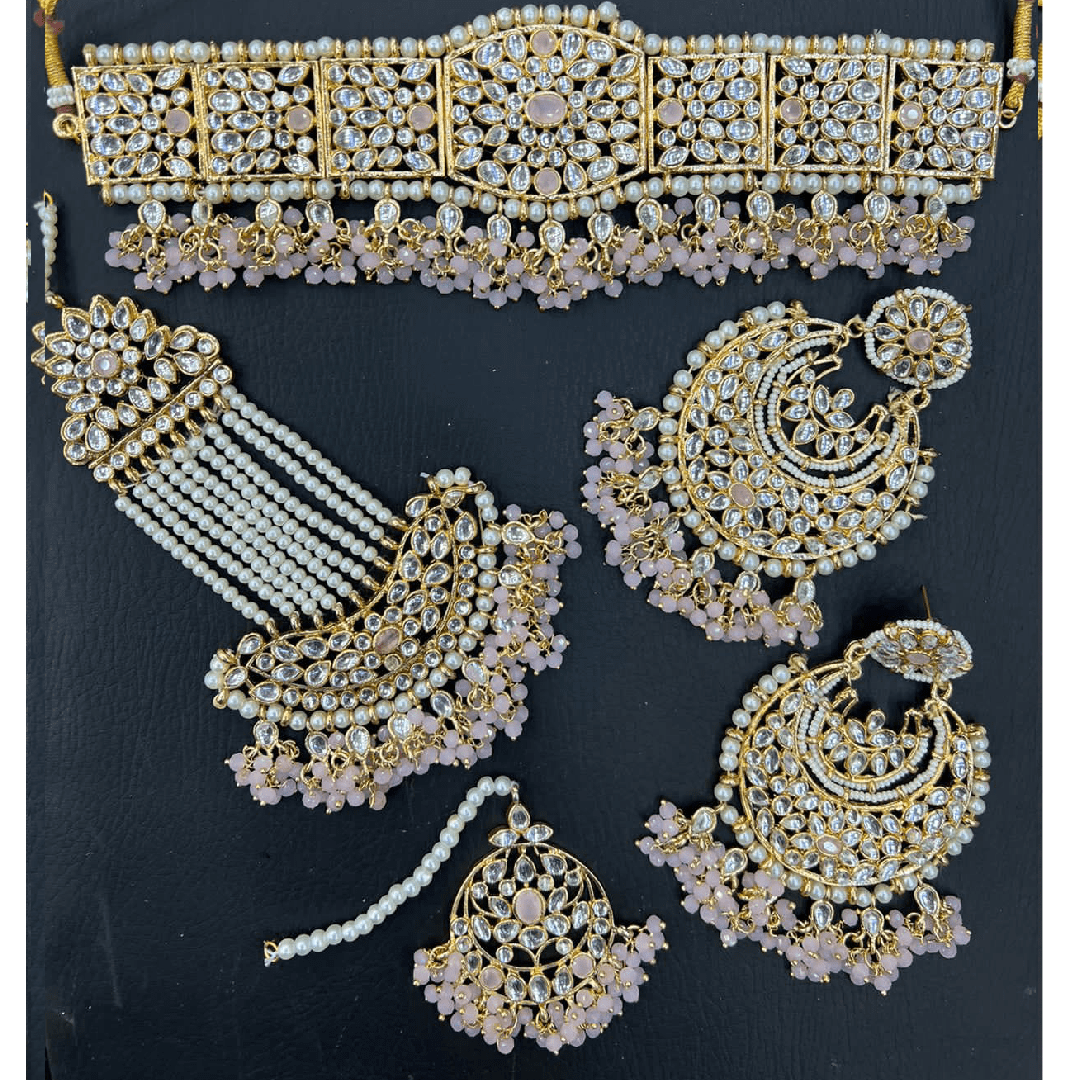 Gold & Baby Pink Kundan Choker Necklace Jewellery Set