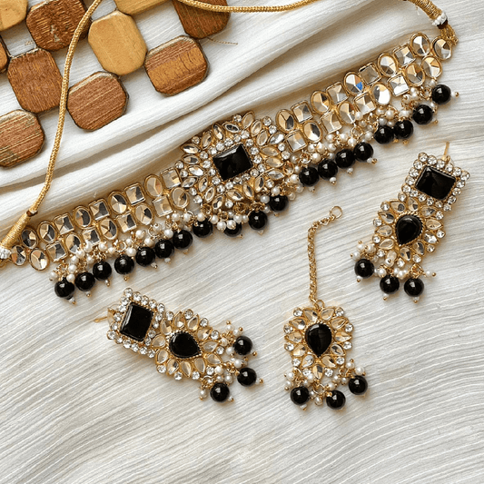 Gold & Black Kundan Choker Necklace Jewellery Set