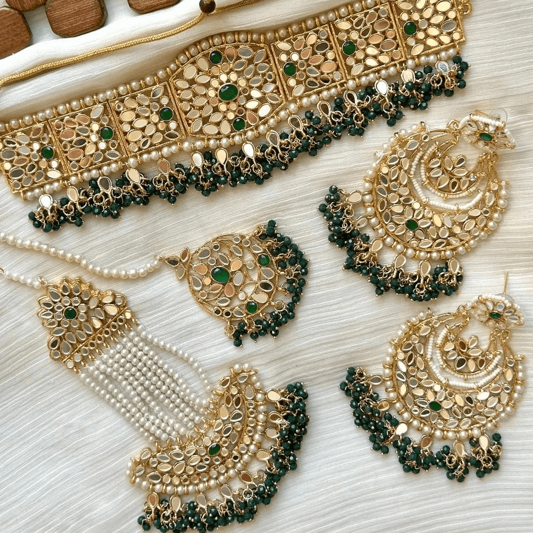 Gold & Green Kundan Choker Necklace Jewellery Set