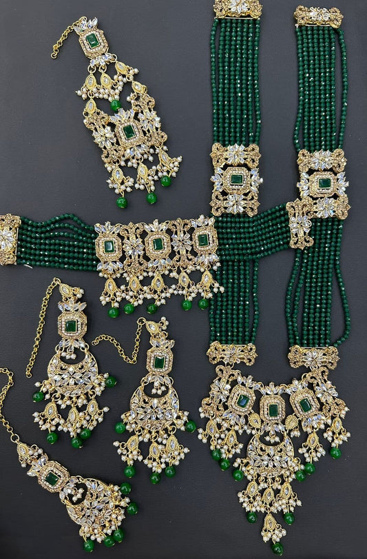 Gold & Green Kundan Choker Necklace Jewellery Set with Mala