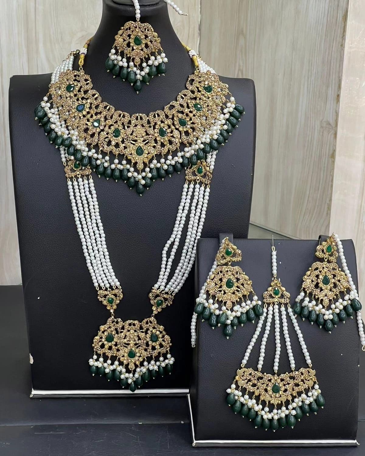 Gold & Green Kundan Necklace Jewellery Set with Mala