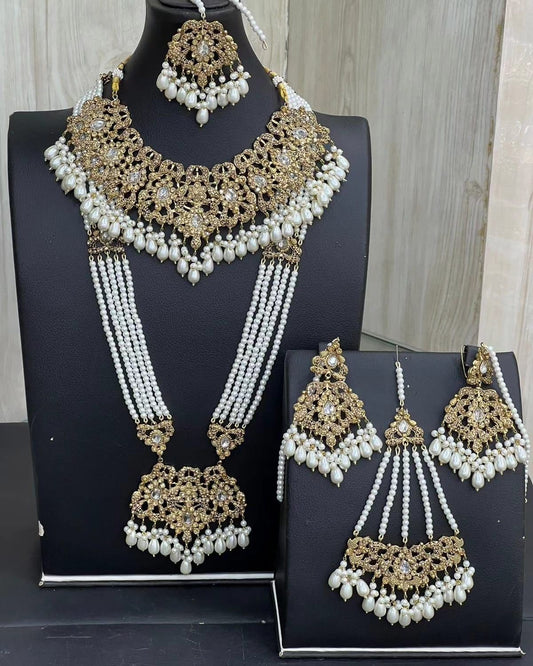 Gold & Ivory Kundan Necklace Jewellery Set with Mala