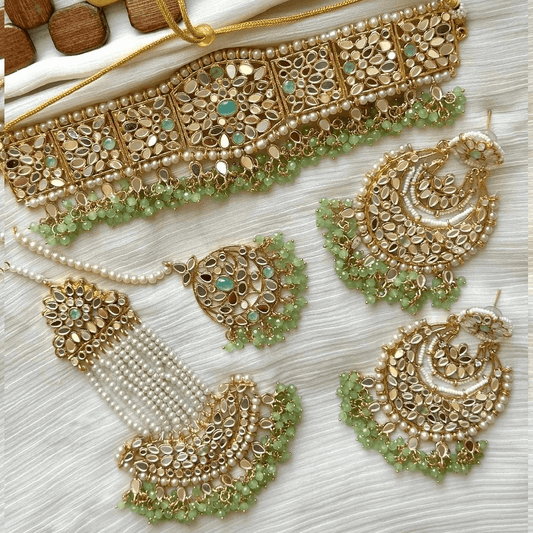 Gold & Mint Green Kundan Choker Necklace Jewellery Set