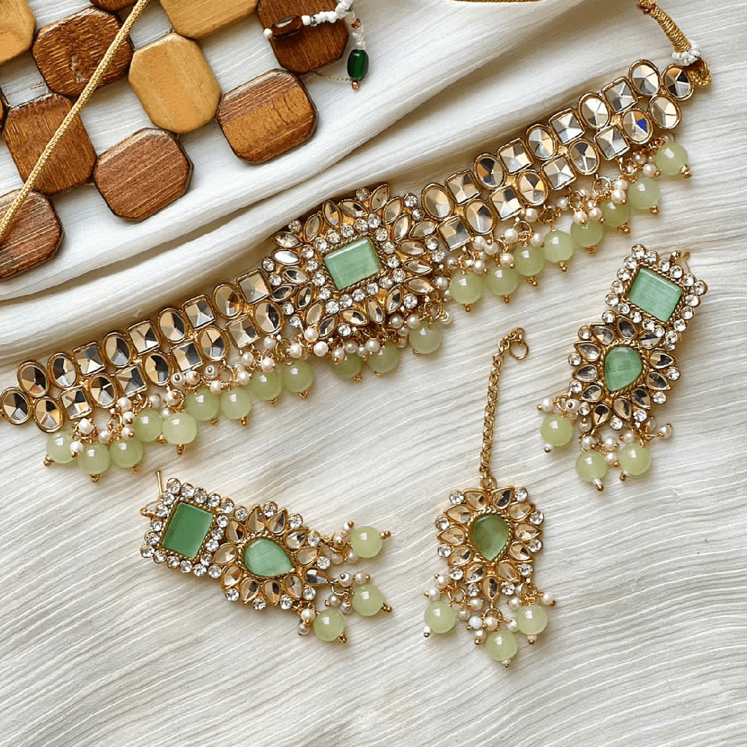 Gold & Mint Green Kundan Choker Necklace Jewellery Set