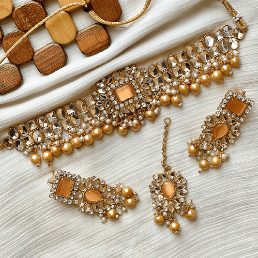 Gold & Peach Kundan Choker Necklace Jewellery Set