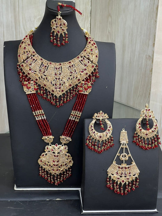 Gold & Red Bridal Kundan Necklace Jewellery Set With Mala