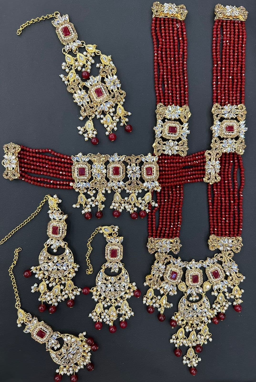 Gold & Red Kundan Choker Necklace Jewellery Set with Mala