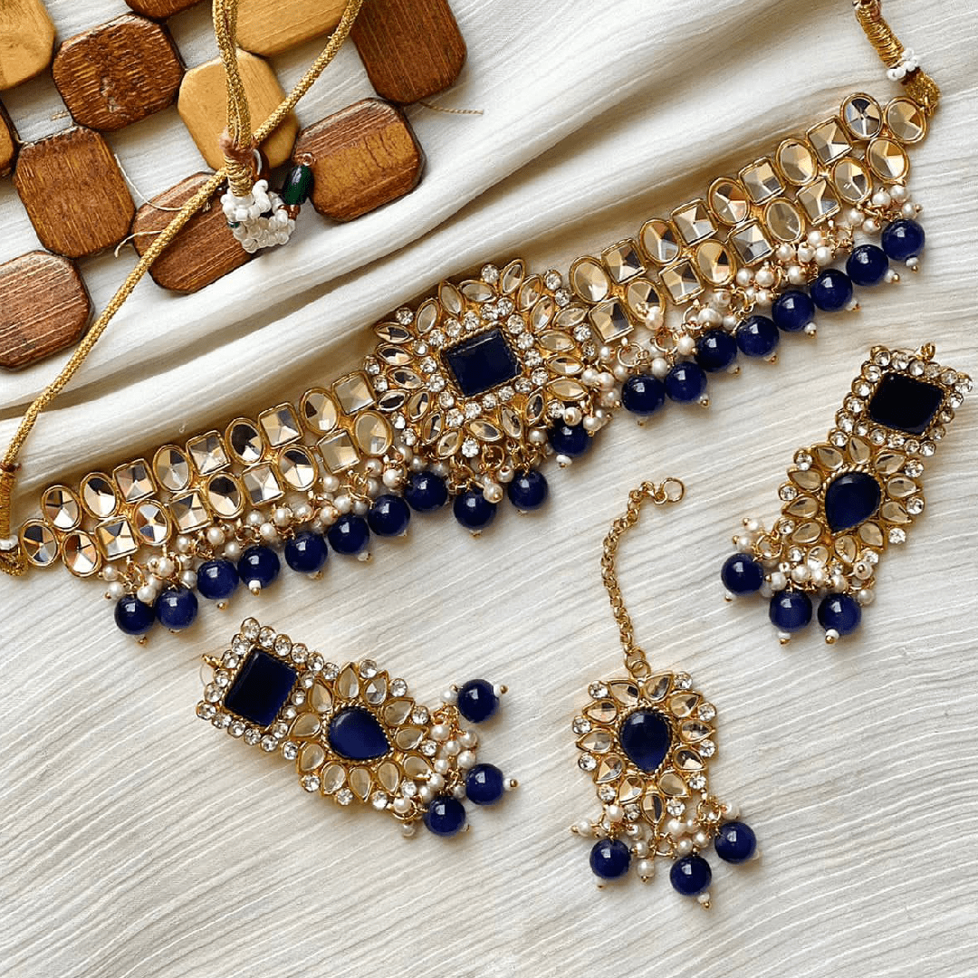 Gold & Royal Blue Kundan Choker Necklace Jewellery Set