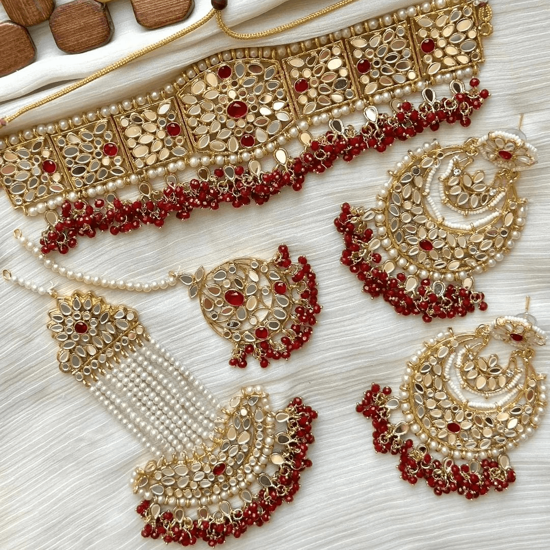 Gold & Ruby Red Kundan Choker Necklace Jewellery Set