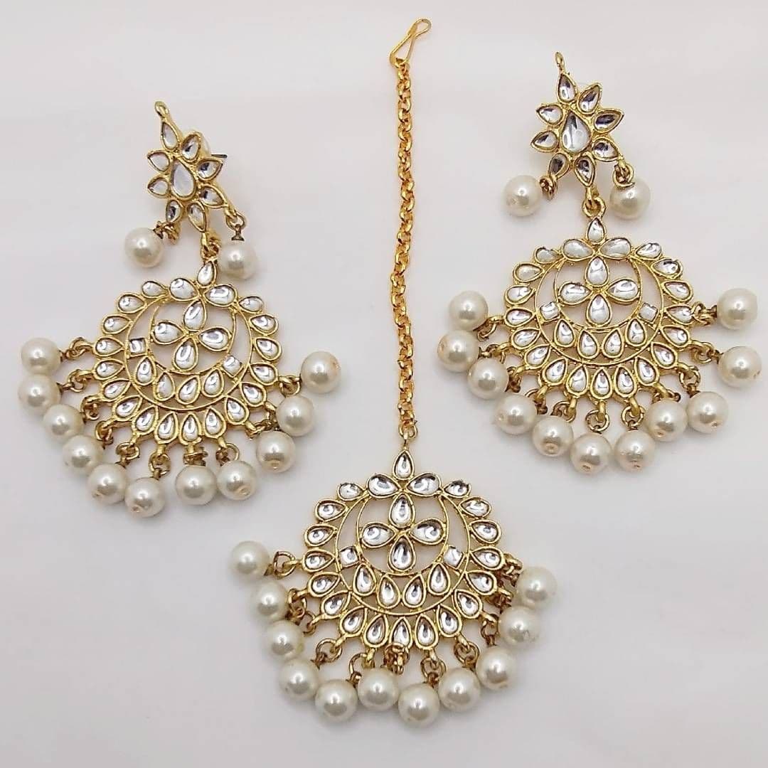 Gold & White Kundan Earring & Tikka Set