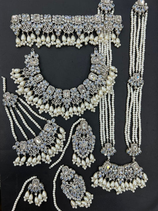 Ivory Kundan Choker Necklace Jewellery Set with Mala