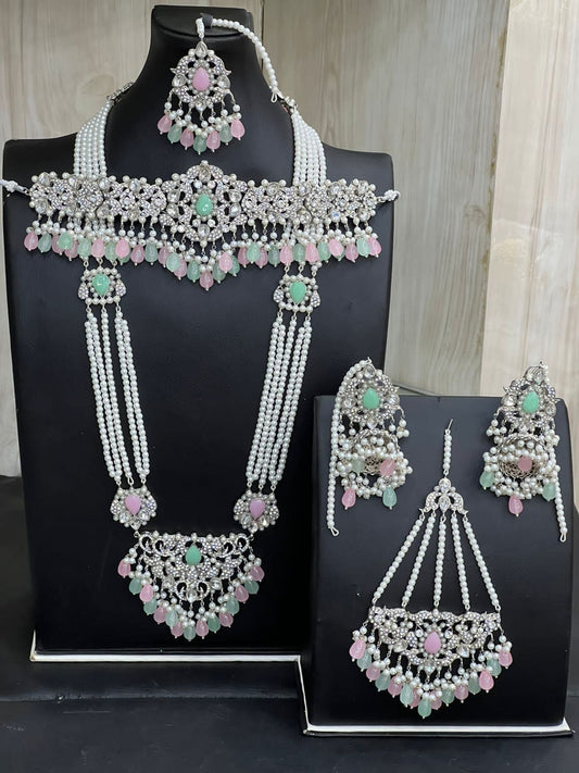 Mint Green & Baby Pink Kundan Choker Necklace Jewellery Set with Mala