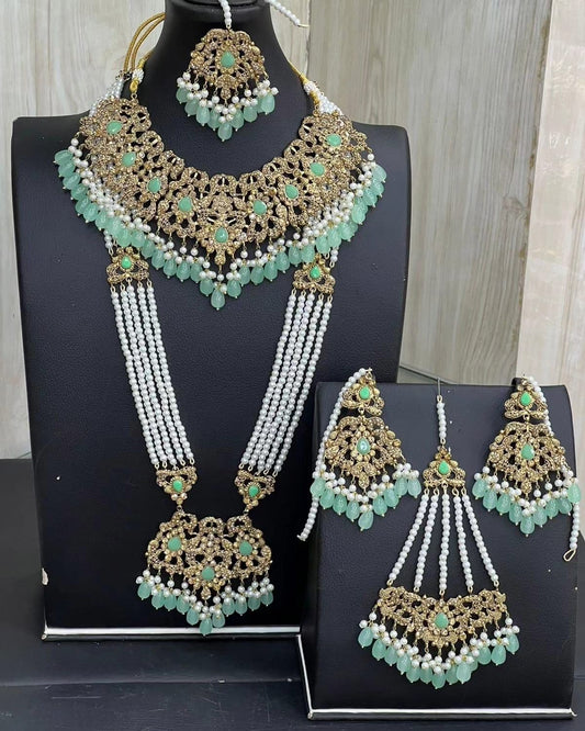 Mint Green & Gold Kundan Necklace Jewellery Set with Mala