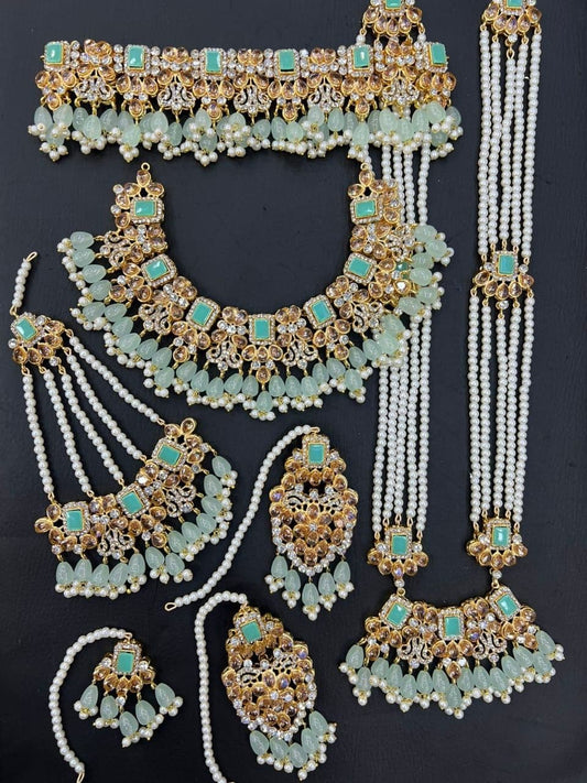 Mint Green Kundan Choker Necklace Jewellery Set with Mala