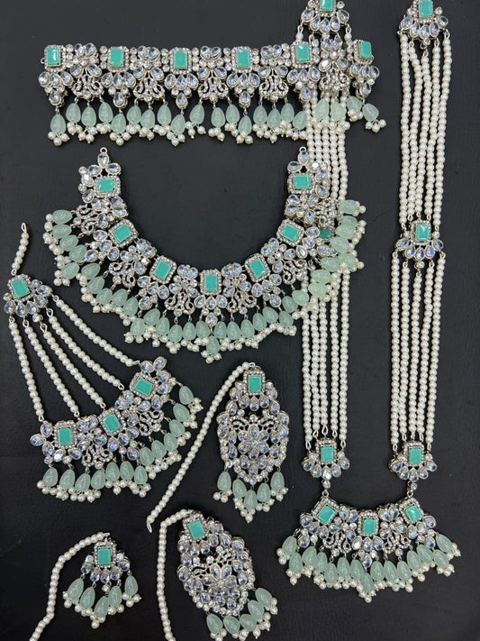 MInt Green & SIlver Kundan Choker Necklace Jewellery Set with Mala