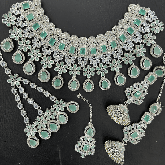 Mint Green & Silver Kundan Necklace Jewellery Set