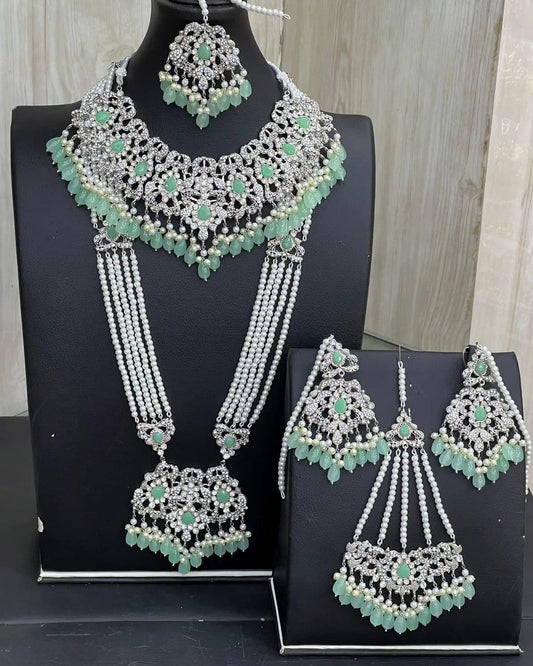 Mint Green & Silver Kundan Necklace Jewellery Set with Mala