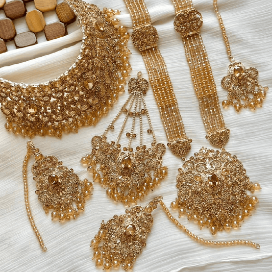 Asian Bridal Kundan Gold Plated Peach Pearls Necklace with Mala Passa Earrings & Tikka Jewellery Set