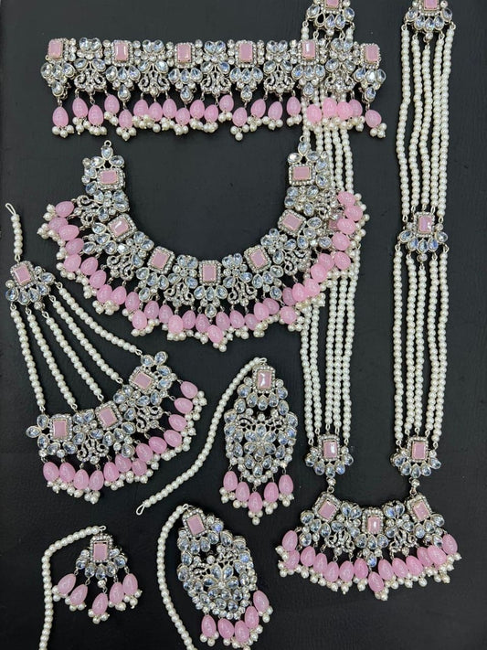 Pink & Silver Kundan Choker Necklace Jewellery Set with Mala