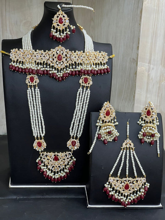 Red & Gold Kundan Choker Necklace Jewellery Set with Mala