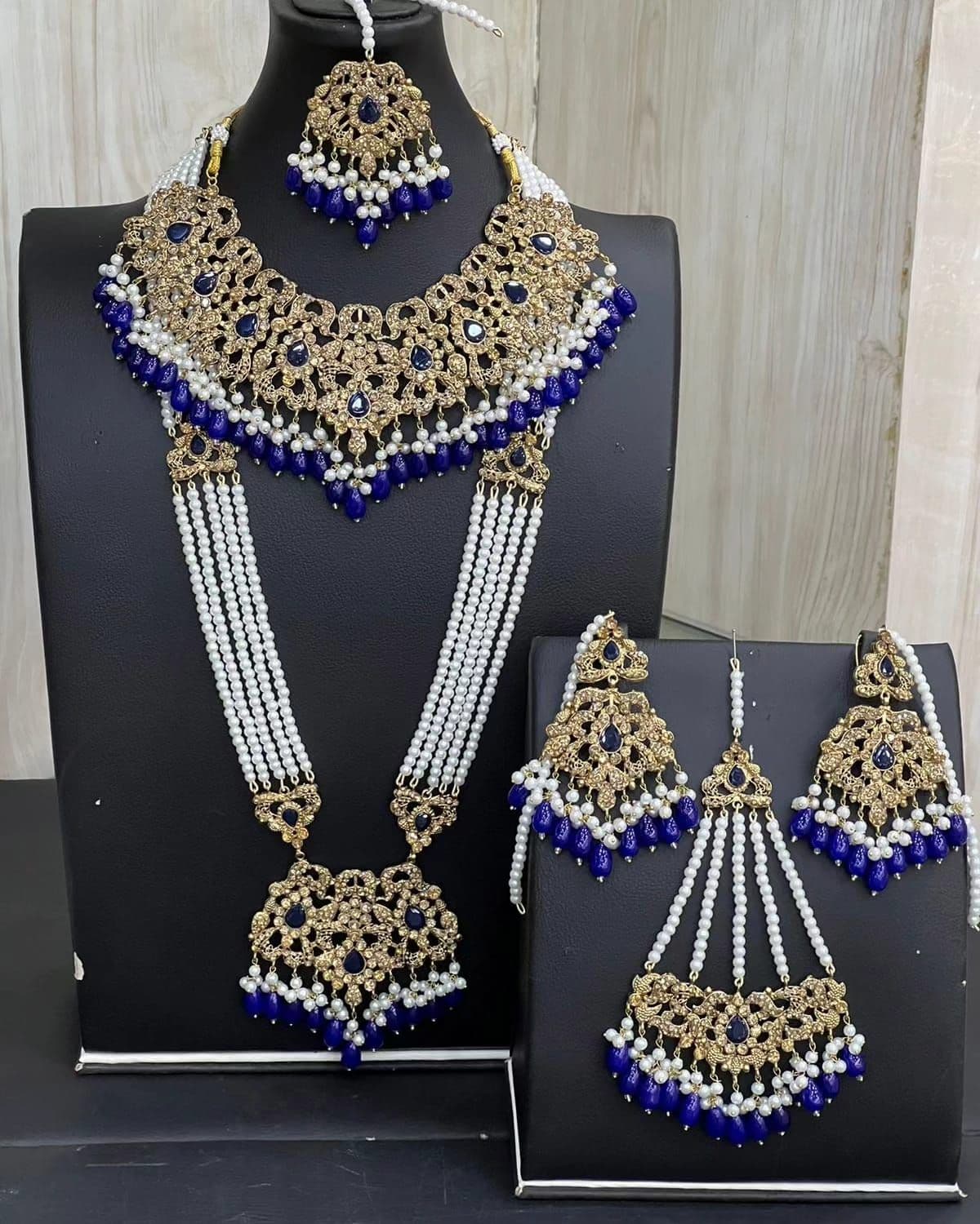 Royal Blue & Gold Kundan Necklace Jewellery Set with Mala