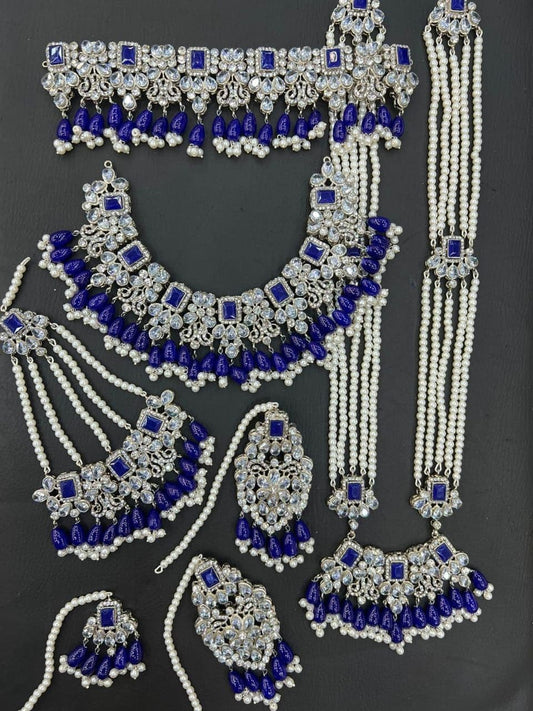 Royal Blue Kundan Choker Necklace Jewellery Set with Mala