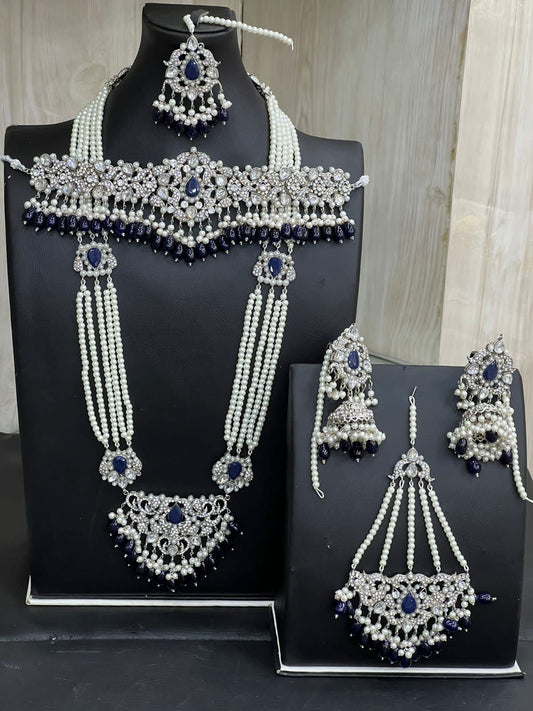 Royal Blue & Silver Kundan Choker Necklace Jewellery Set with Mala